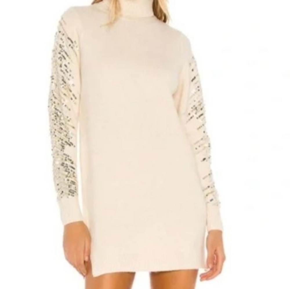 Cream Turtleneck Sweater Dress with Sequin Sleeves